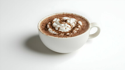 Obraz premium Whipped cream topped hot chocolate in white mug. A generous dollop of whipped cream sits atop a rich, dark chocolate drink, finished with a sprinkle of cocoa powder