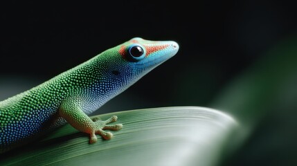 Fototapeta premium Colorful Gecko Resting on Leaf in Natural Habitat Striking Scale Detail and Vivid Coloration Close Up