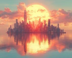 Fototapeta premium Stunning sunset over a futuristic city skyline reflected in calm waters