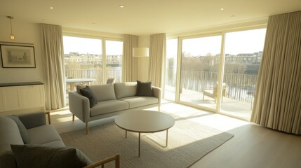 Fototapeta premium Modern living room with expansive river views.