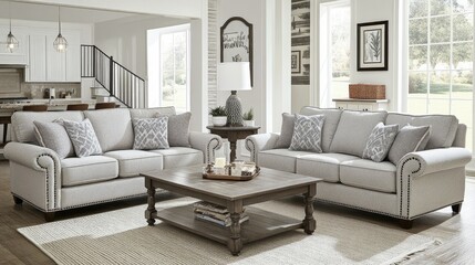 Fototapeta premium Light gray couch and coffee table set in a living room.