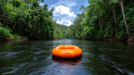 Orange tube floating on a dark river, surrounded by lush green tropical rainforest. Sunlight streams through the dense canopy above. Peaceful and serene atmosphere.