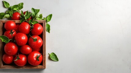 Overhead shot of fresh, red tomatoes with water droplets, arranged in a rustic wooden crate with basil leaves on a light gray textured background. Plenty of copy space.