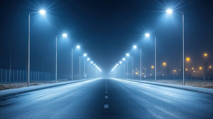 Illuminated roadway at night with street lights and misty atmosphere