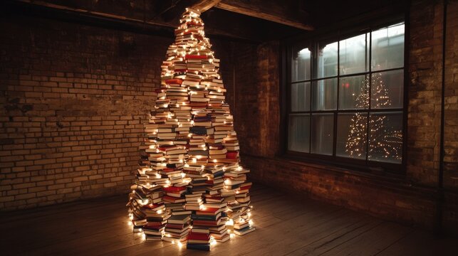 Illuminated book-stack Christmas tree in industrial setting.