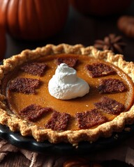 Gourmet pumpkin pie with whipped cream and crispy topping