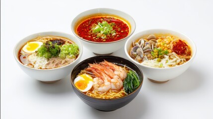 A Vibrant Display of Delicious Noodle Bowls Featuring Broth, Fresh Ingredients, and Colorful Toppings for a Mouthwatering Culinary Experience