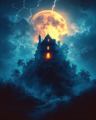 Haunted hilltop mansion under a full moon