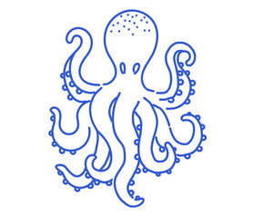 Octopus with eight tentacles outlined in blue. Hand-drawn linear marine animal illustration. Underwater life and sea creature concept.