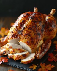 Roasted whole chicken with slices on a slate plate