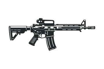 Black and White Vector Illustration of an AR 15 Style Assault Rifle with Red Dot Sight