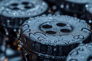 Close-up of wet, dark buttons with water droplets