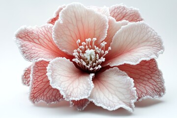 Detailed close-up of a delicate,  pink flower.  Frosted petals