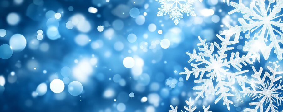 Sparkling blue snowflakes with bright bokeh effect and winter glow abstract background, Perfect for holiday themes and winter celebrations