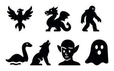 Obraz premium Mythical creatures icons set, silhouette style, fantasy, legendary, elegant, for web ui