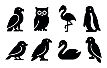Bird icons set, silhouette style, featuring owl, penguin, flamingo, professional for web and app