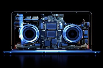Isolated in white background, center aligned, laptop Animation of two scopes scanning and processing data