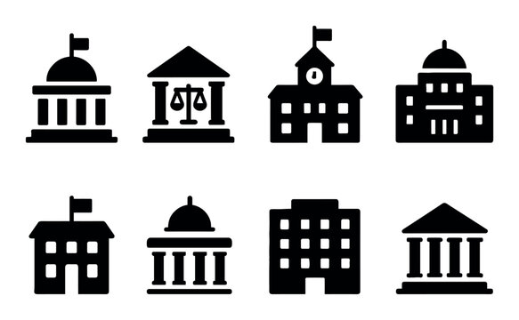 Government and institutional building icons set in black and white