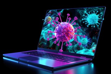 Isolated in white background, center aligned, laptop Animation of macro coronavirus Covid-19 cell analyzed