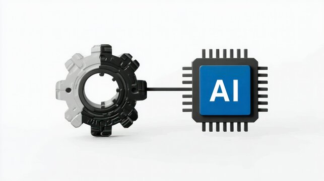 AI Chip Connected to Gear Mechanism Symbolizing Integration of Artificial Intelligence and Mec