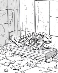 Dinosaur skeleton on a wooden platform inside a stone structure.  Ancient ruins