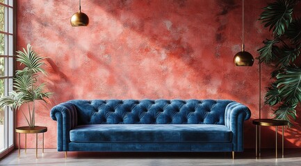 Obraz premium Stylish blue velvet couch in a modern room.