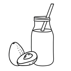 Avocado Smoothie Composition. Detox Cocktail in the bottle with straw and Avocado whole and half fruit. Healthy Drink Vector illustration in Doodle style isolated. Black and white outline drawing