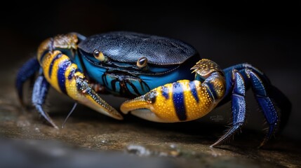 Fototapeta premium Striking Colorful Crab Close Up with Vibrant Blue Body and Yellow Striped Claws Artistic Wildlife