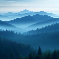 Obraz premium Misty mountain range at dawn. Vast, misty peaks, silhouetted trees, and a serene morning light paint a breathtaking mountain landscape