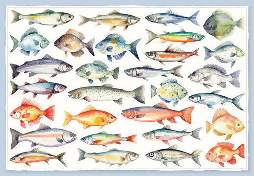 Vector watercolor painted style - fish clipart isolated on white background.