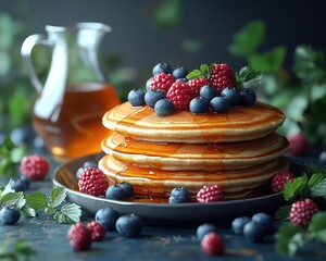 Stacked pancakes topped with fresh berries and syrup