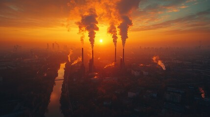 Obraz premium Industrial skyline at sunset with smokestacks emitting pollution over city