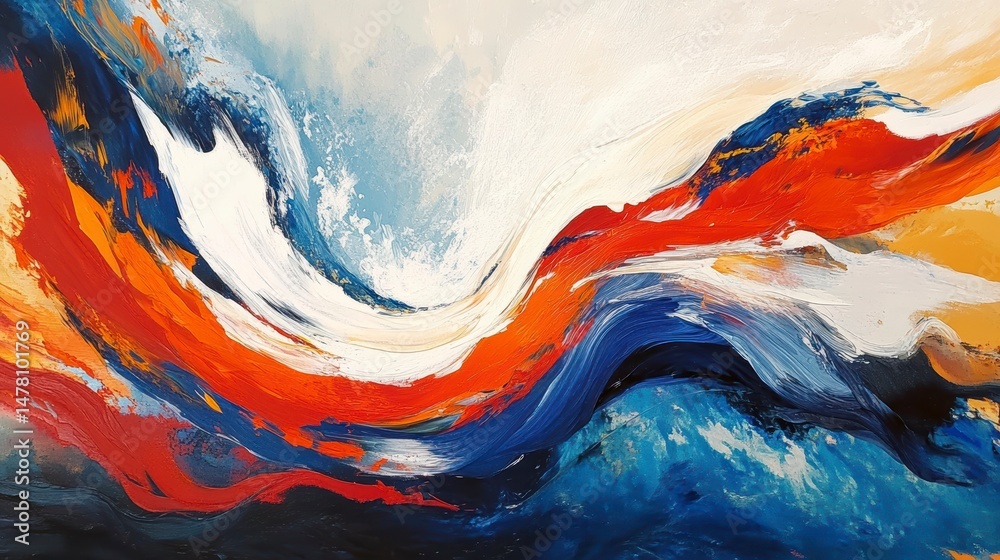 Aufkleber Abstract painting with flowing red, blue, and white colors creating a dynamic wave-like pattern.