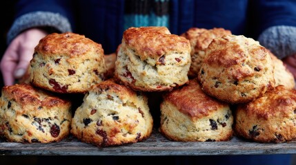 Fototapeta premium Pile of Freshly Baked Cranberry Scones Ready to Serve Breakfast Pastries Delicious Homemade Goods
