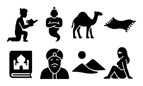 Arabian culture icons set – silhouette, solid, filled, isolated middle eastern symbols