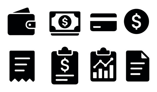 Financial and payment icon set in black and white