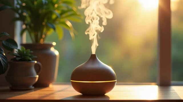Aroma diffuser with essential oils, creating a calming atmosphere, on a window sill, for wellness and relaxation.