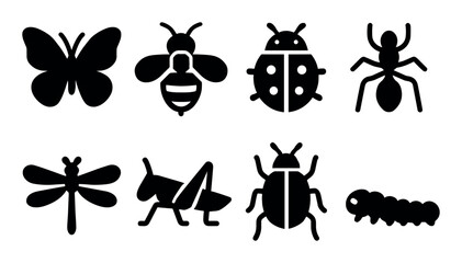 Insect icons set – silhouette, solid, isolated bug and critter symbols