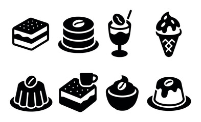 Icon set of various delicious desserts in black and white style