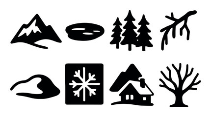 Fototapeta premium Nature symbols: mountains, forests, trees, winter, and snowflakes