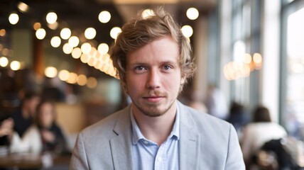 Fototapeta premium A young Caucasian man with wavy hair sitting in a cafe, exuding confidence and focus.