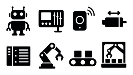 Industrial automation icon set – robot, control devices, conveyor