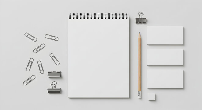 Overhead shot of a blank spiral notebook with pencil and clips on a white surface for mockups - Powered by Adobe