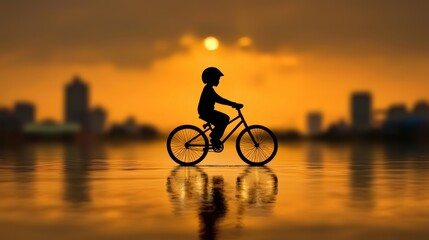 Silhouette of a child riding a bicycle at sunset over a city reflecting in water. The warm golden light creates a serene and peaceful mood. 