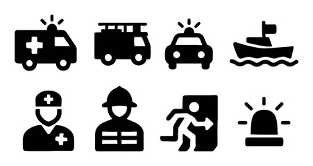 Emergency vehicles and personnel icons in black and white silhouettes