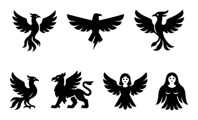 Obraz premium Mythical creature silhouettes: phoenix, griffin, and angelic figures