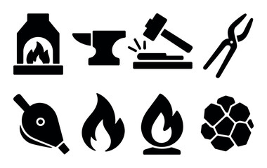 Blacksmith tools and fire symbols silhouette vector icons set