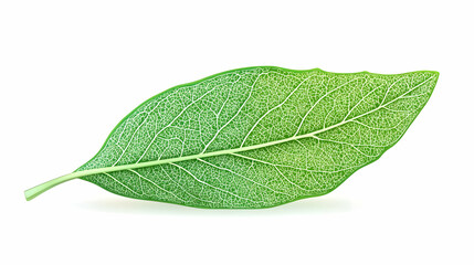 Obraz premium Close-up of a single, vibrant green leaf, showcasing intricate vein patterns. The leaf is isolated against a pure white background, highlighting its delicate structure