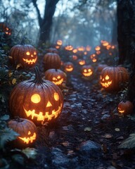 Jack-o'-lanterns line a spooky forest path.  Illuminated gourds create a mysterious atmosphere