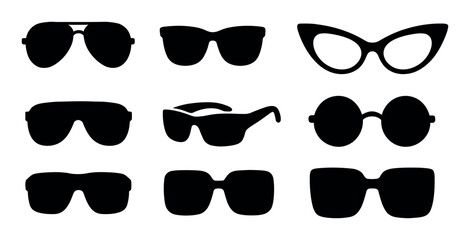 Sunglasses icons set – silhouette, solid, isolated eyewear and fashion symbols